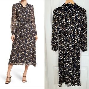 FRNCH Paris navy and gold floral maxi dress with firted waist and collar. XS